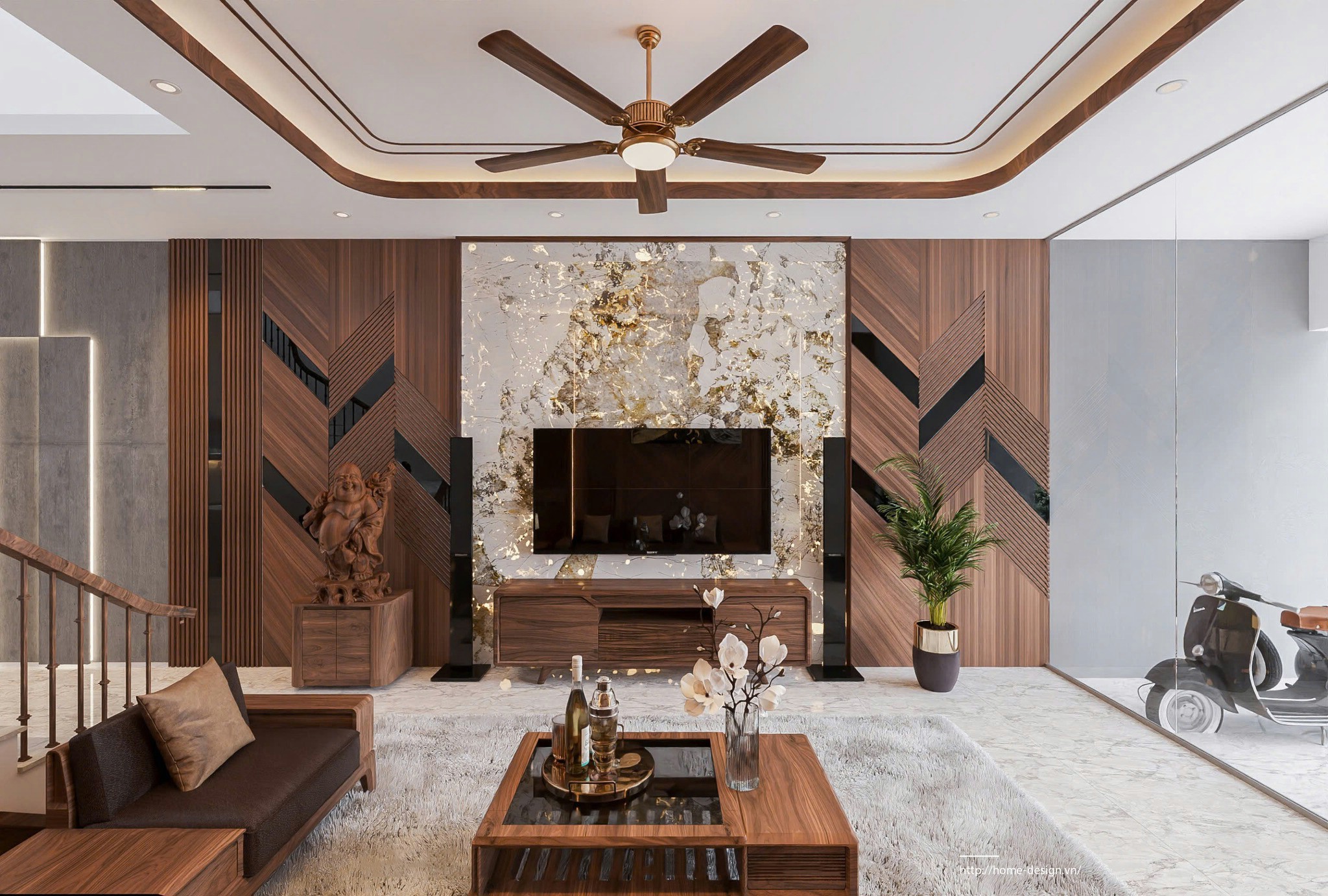 Vách kệ tivi phòng khách hiện đại với ốp nhựa xuyên sáng và gỗ tự nhiên nâu đậm