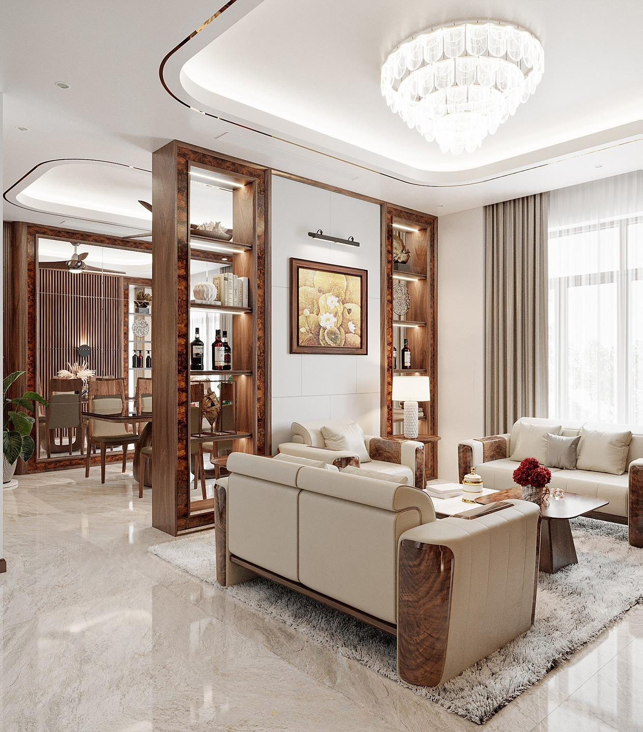 Vách ngăn gỗ phòng khách hiện đại bằng gỗ MDF phủ laminate với kệ trang trí 5 tầng