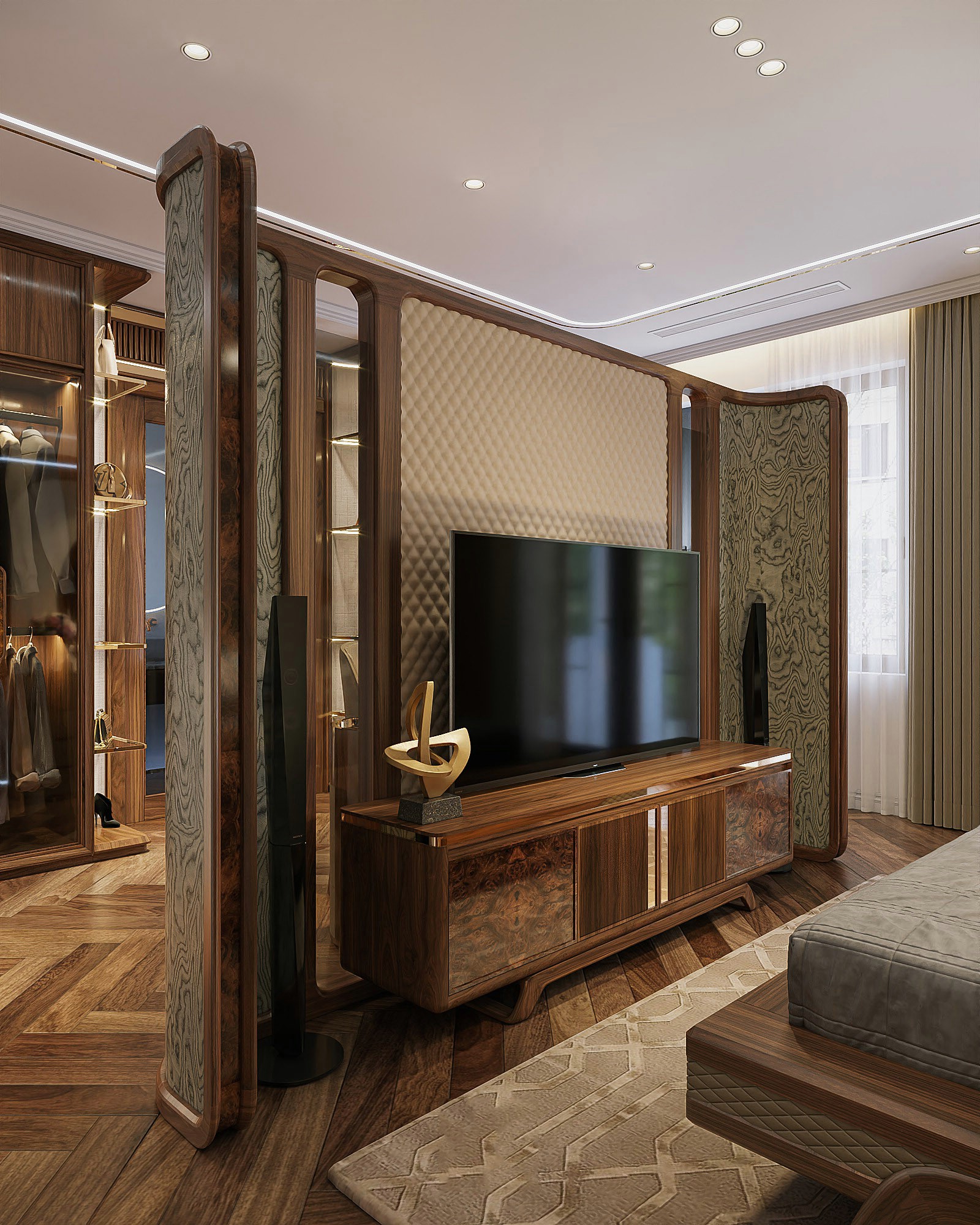 Vách ngăn phòng bằng gỗ óc chó cao kịch trần với điểm nhấn da quả trám