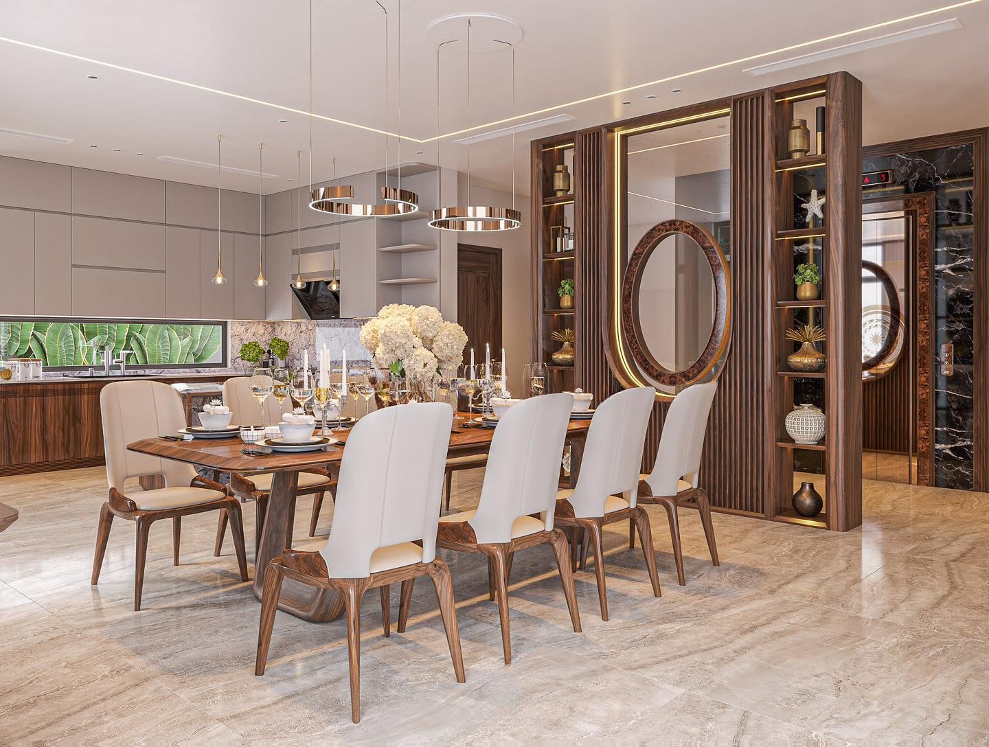 Vách ngăn phòng bếp hiện đại hình hộp chữ nhật kết hợp kệ trang trí và lam sóng giả gỗ